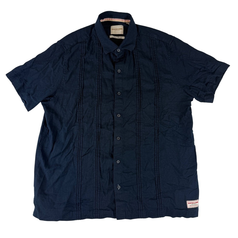 Scotch & Soda Button Down Shirt Mens Large Navy Blue Linen Blend Pintuck Pleated